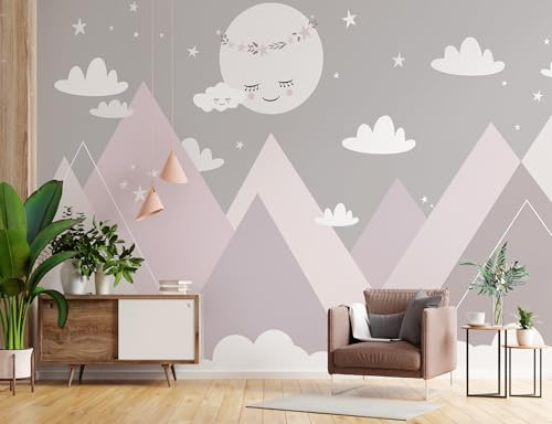 Buiory 119.6x83inch Large Cartoon Geometric Mountain Wallpaper White Moon and Clouds Wall Decor Decals Murals Peel and Stick Wall Paper for Kids Room Wall Decor Home Wall Background Decoration - Image 1