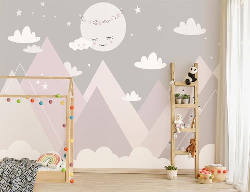 Buiory 119.6x83inch Large Cartoon Geometric Mountain Wallpaper White Moon and Clouds Wall Decor Decals Murals Peel and Stick Wall Paper for Kids Room Wall Decor Home Wall Background Decoration - Image 3