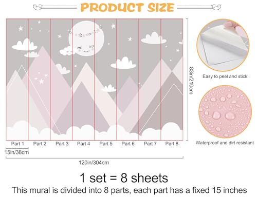 Buiory 119.6x83inch Large Cartoon Geometric Mountain Wallpaper White Moon and Clouds Wall Decor Decals Murals Peel and Stick Wall Paper for Kids Room Wall Decor Home Wall Background Decoration - Image 2