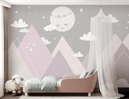 Buiory 119.6x83inch Large Cartoon Geometric Mountain Wallpaper White Moon and Clouds Wall Decor Decals Murals Peel and Stick Wall Paper for Kids Room Wall Decor Home Wall Background Decoration - Image 4
