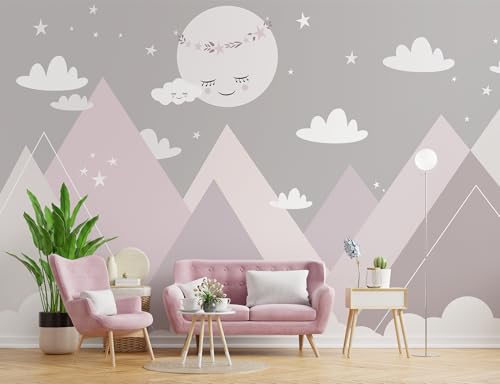 Buiory 119.6x83inch Large Cartoon Geometric Mountain Wallpaper White Moon and Clouds Wall Decor Decals Murals Peel and Stick Wall Paper for Kids Room Wall Decor Home Wall Background Decoration - Image 5