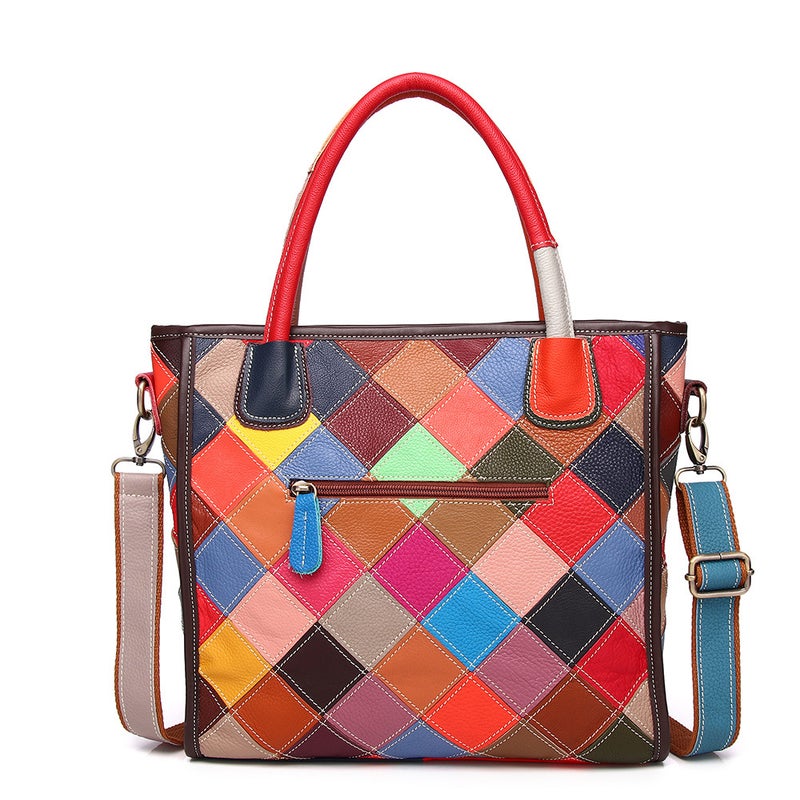 Supply Of New Leather Handbags Top Layer Cowhide Color Plaid Hand-Stitched Contrast Women'S Shoulder Bag - Image 3