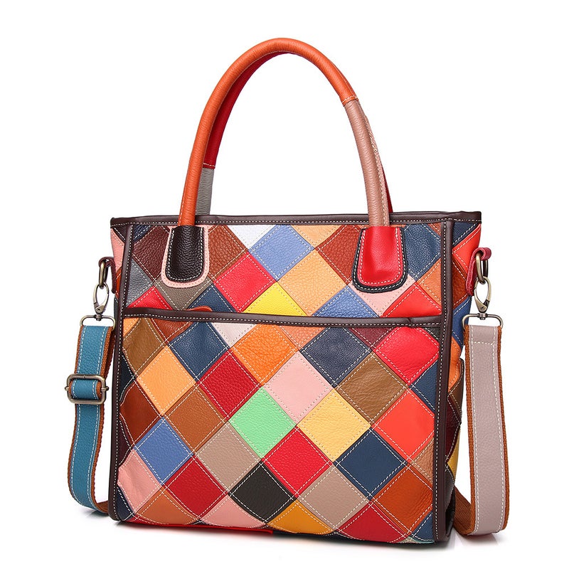 Supply Of New Leather Handbags Top Layer Cowhide Color Plaid Hand-Stitched Contrast Women'S Shoulder Bag - Image 2