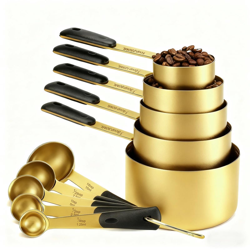 Bopei Measuring Cups and Spoons Set, Gold Electroplated Stainless Steel 10 Piece for Cooking and Baking (5 Cups + 5 Spoons Gold) - Image 1
