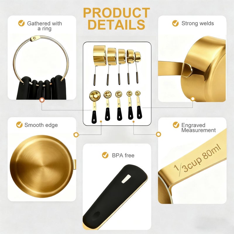 Bopei Measuring Cups and Spoons Set, Gold Electroplated Stainless Steel 10 Piece for Cooking and Baking (5 Cups + 5 Spoons Gold) - Image 3