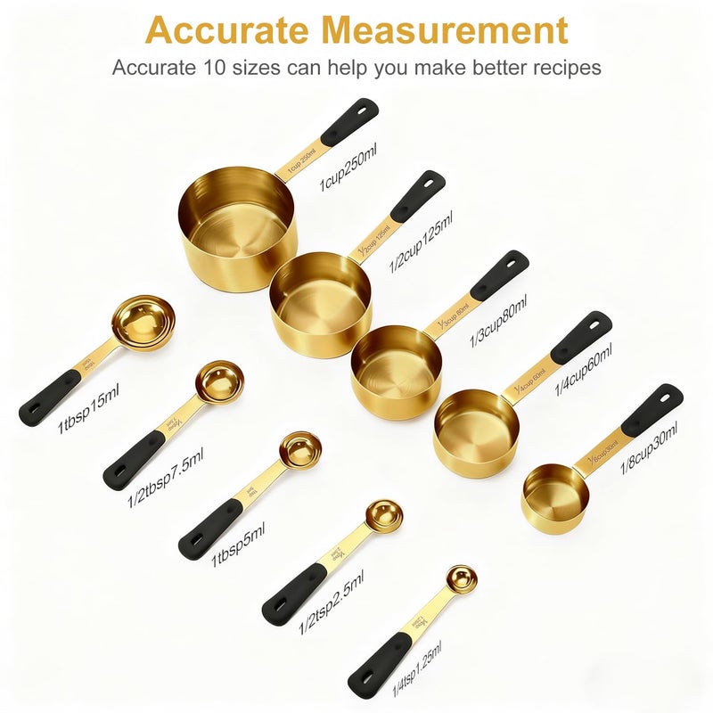 Bopei Measuring Cups and Spoons Set, Gold Electroplated Stainless Steel 10 Piece for Cooking and Baking (5 Cups + 5 Spoons Gold) - Image 2