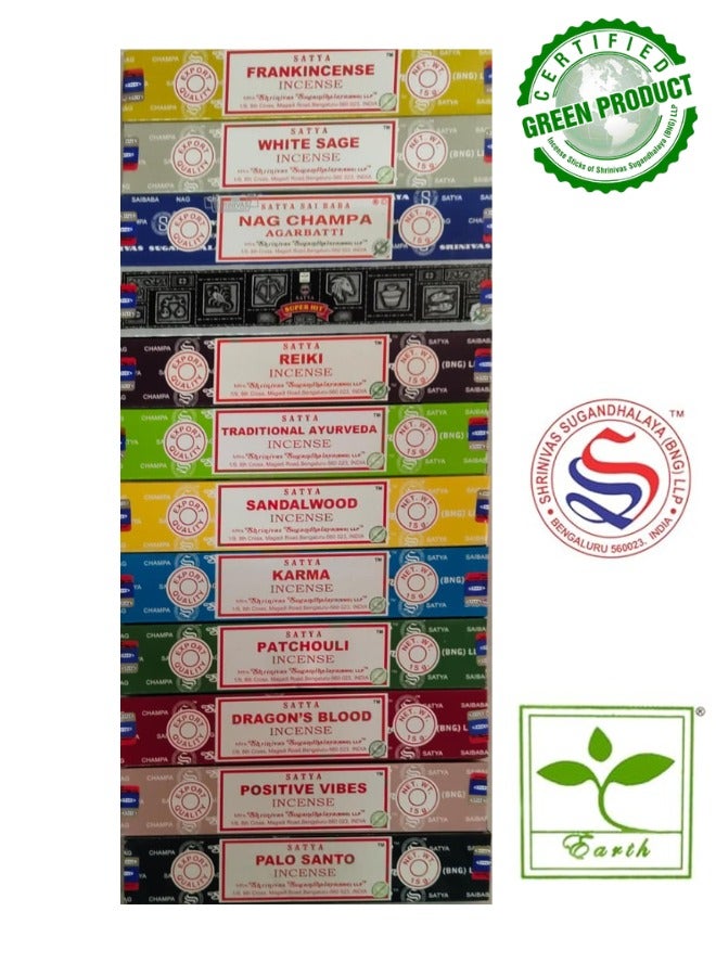 Satya Nag Champa Incense Sticks Variety Pack (12 Incense, 140+ Sticks), Green Certified Incense Sticks, 100% Original Handrolled Masala, For Stress Relief, Meditation, Spiritual Decor & Home Fragrance - Image 1