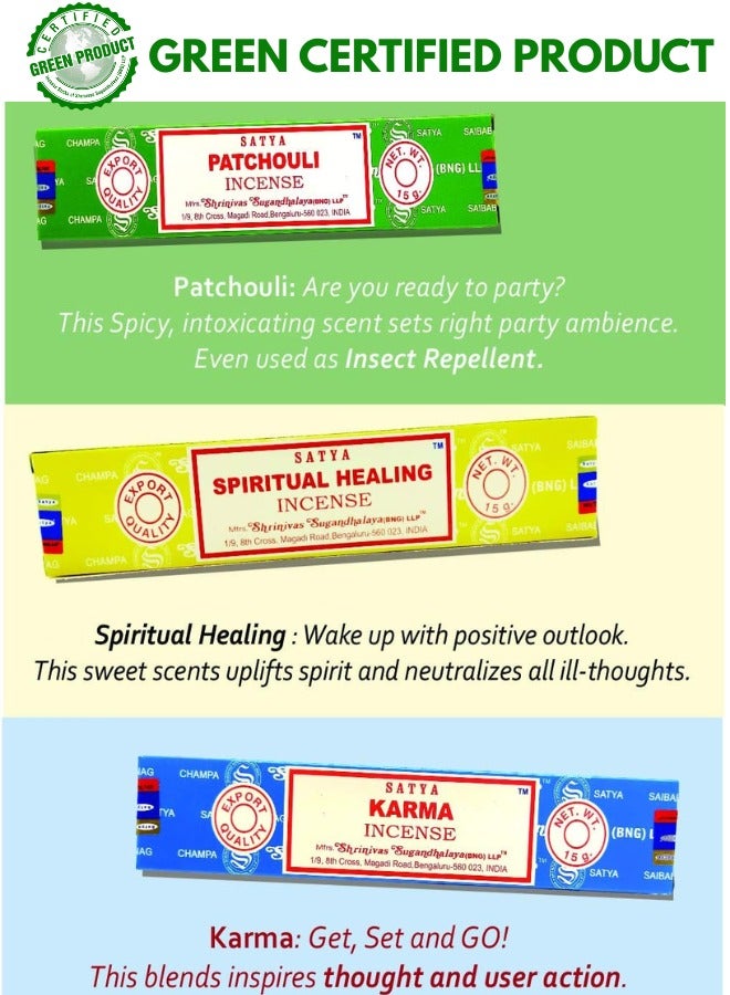 Satya Nag Champa Incense Sticks Variety Pack (12 Incense, 140+ Sticks), Green Certified Incense Sticks, 100% Original Handrolled Masala, For Stress Relief, Meditation, Spiritual Decor & Home Fragrance - Image 2