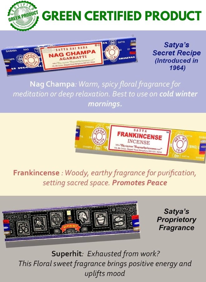 Satya Nag Champa Incense Sticks Variety Pack (12 Incense, 140+ Sticks), Green Certified Incense Sticks, 100% Original Handrolled Masala, For Stress Relief, Meditation, Spiritual Decor & Home Fragrance - Image 3