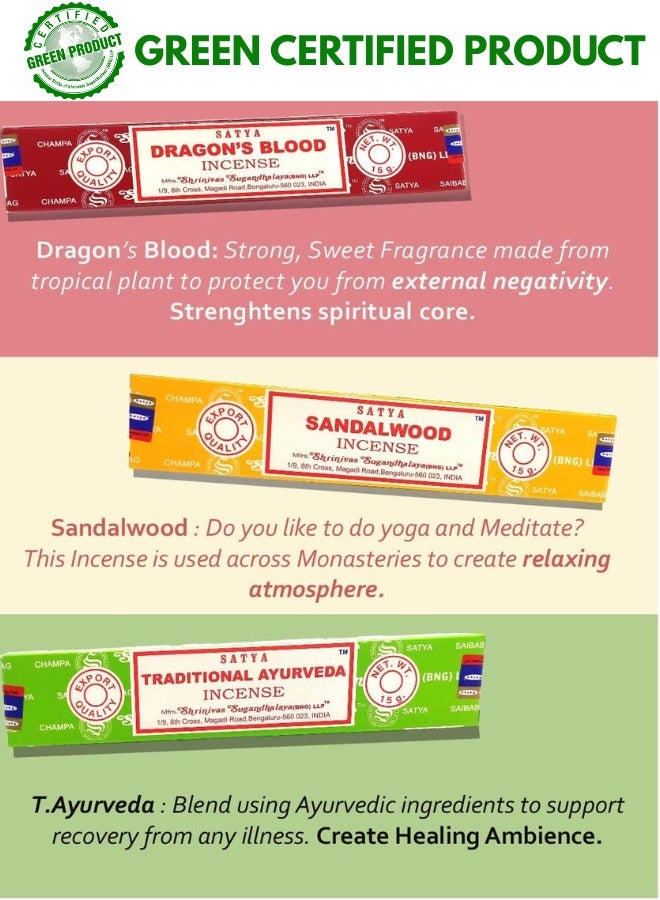 Satya Nag Champa Incense Sticks Variety Pack (12 Incense, 140+ Sticks), Green Certified Incense Sticks, 100% Original Handrolled Masala, For Stress Relief, Meditation, Spiritual Decor & Home Fragrance - Image 4
