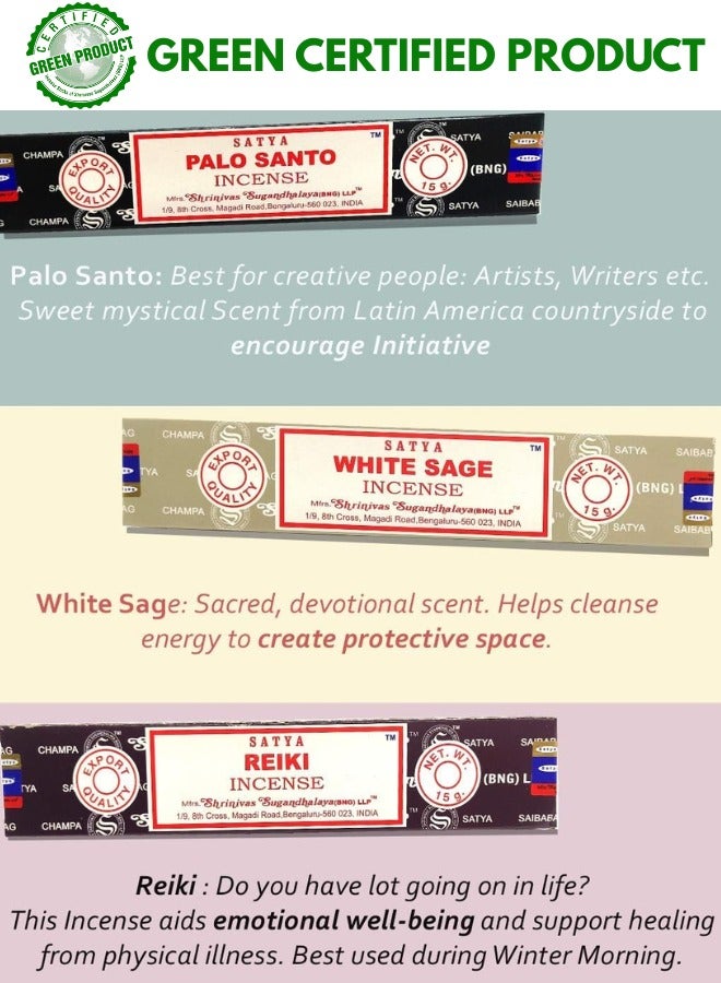Satya Nag Champa Incense Sticks Variety Pack (12 Incense, 140+ Sticks), Green Certified Incense Sticks, 100% Original Handrolled Masala, For Stress Relief, Meditation, Spiritual Decor & Home Fragrance - Image 5