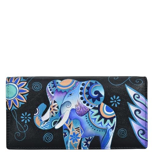 Anna by Anuschka Womens HandPainted Genuine Leather RFID Two Fold Clutch Wallet Blue Elephant - Image 1