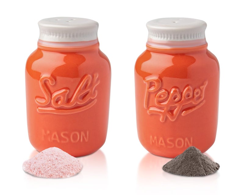 Vintage Mason Jar Salt  Pepper Shakers Adorable Decorative Mason Jar Decor for Vintage Rustic Shabby Chic  Sturdy Ceramic in Coral  35 oz Cap