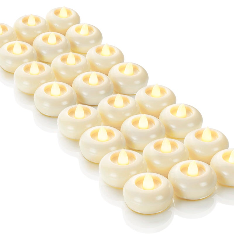 Homemory 24 Pack 2 Flameless Led Floating Candles 200 Hour Battery Operated Flickering Waterproof Tealights for Cylinder Vases Centerpieces at Wedding Party Pool Holiday Ivory Base