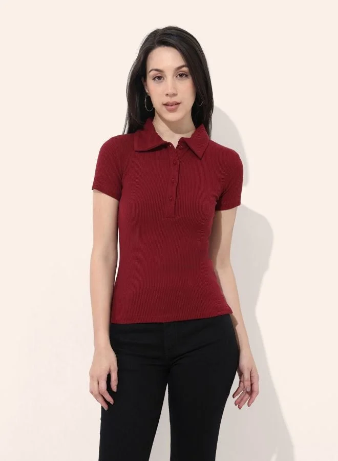 مرفوعة Women Regular Fit Solid Collared Neck Short Sleeve Top