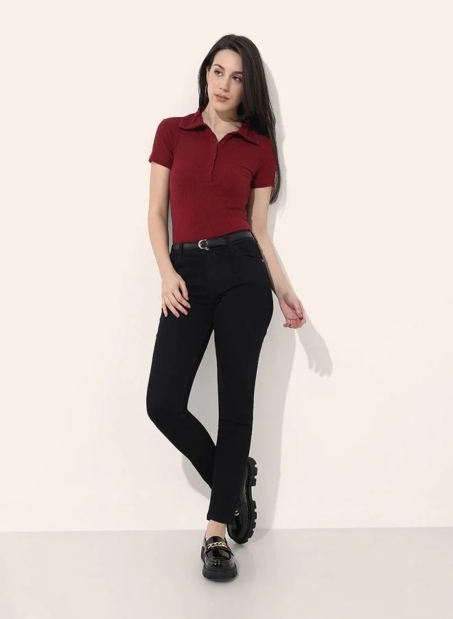 مرفوعة Women Regular Fit Solid Collared Neck Short Sleeve Top