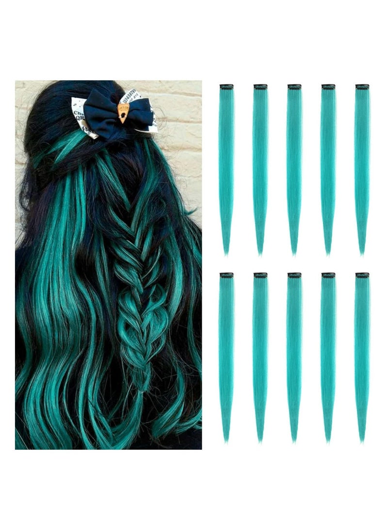 Estelle 22 inch Colored Hair Extensions Straight Hairpiece, Multi-colors Party Highlights Clip in Synthetic Hair Extensions for Kids Girls (10 PCS Teal Blue) - Image 1