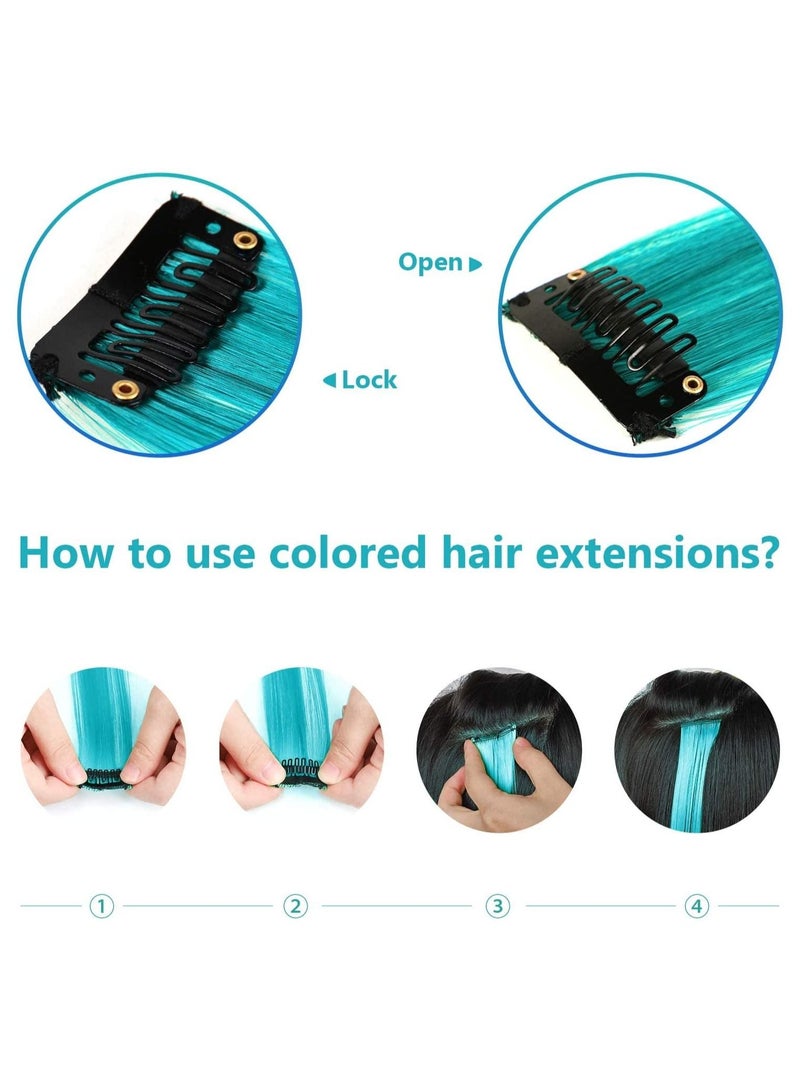 Estelle 22 inch Colored Hair Extensions Straight Hairpiece, Multi-colors Party Highlights Clip in Synthetic Hair Extensions for Kids Girls (10 PCS Teal Blue) - Image 5