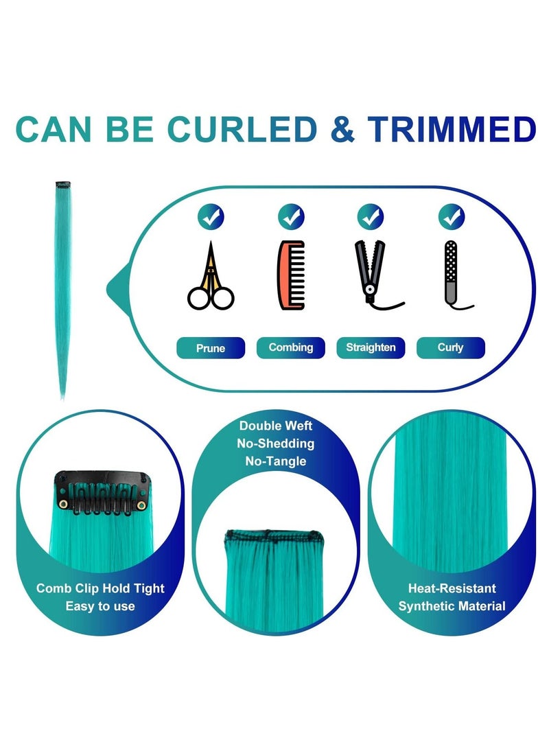 Estelle 22 inch Colored Hair Extensions Straight Hairpiece, Multi-colors Party Highlights Clip in Synthetic Hair Extensions for Kids Girls (10 PCS Teal Blue) - Image 4