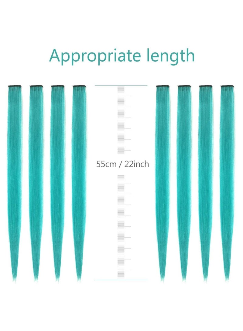 Estelle 22 inch Colored Hair Extensions Straight Hairpiece, Multi-colors Party Highlights Clip in Synthetic Hair Extensions for Kids Girls (10 PCS Teal Blue) - Image 3