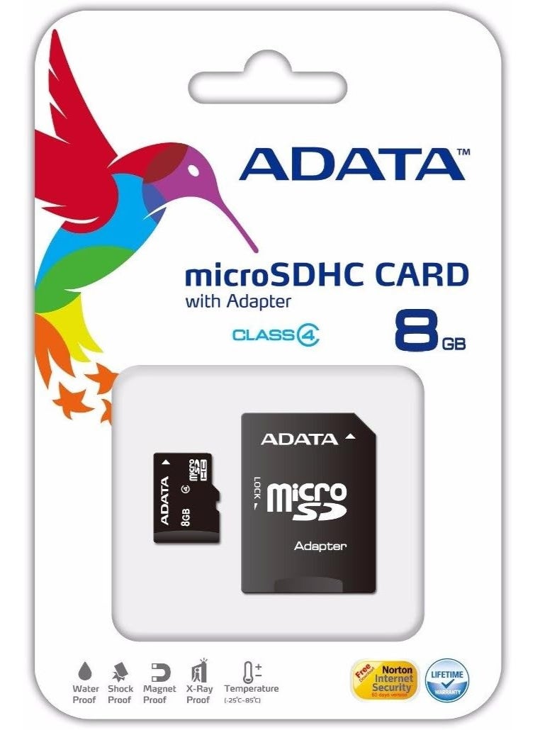 Adata 8GB microSDHC Class 4 Memory Card with Adapter (AUSDH8GCL4-RA1) - Image 1