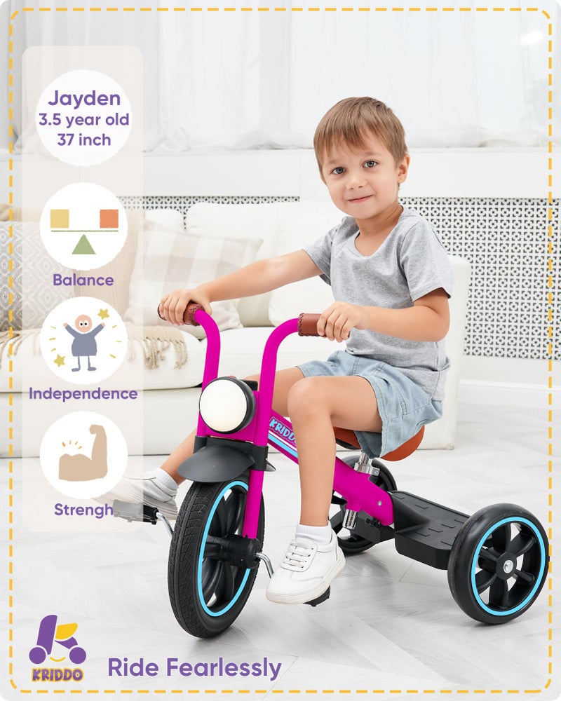 KRIDDO Kids Tricycle 12 Inch Puncture Free Rubber Wheel w Front Light Adjustable Seat Height Gift for 25 Year Olds Pink - Image 3