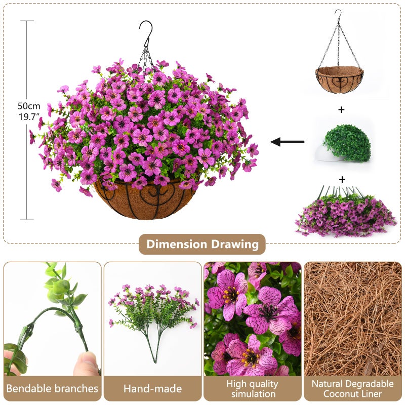 ZFProcess Artificial Faux Hanging Plants Flowers Basket Outdoor Porch Garden Spring Summer Decoration, Fake Silk Daisy in Planter Realistic UV Resistant for Outside Home Patio Balcony Yard(Purple) - Image 2