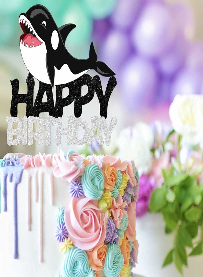 LETLIMIT Black Glitter Happy Birthday Cake Topper Nautical Ocean Killer Whale White Sea Creature Theme Decor Supplies Baby Shower Party Decorations - Image 4