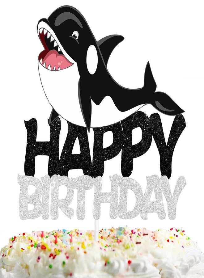 LETLIMIT Black Glitter Happy Birthday Cake Topper Nautical Ocean Killer Whale White Sea Creature Theme Decor Supplies Baby Shower Party Decorations - Image 2