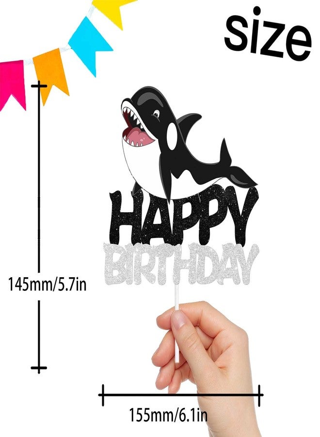 LETLIMIT Black Glitter Happy Birthday Cake Topper Nautical Ocean Killer Whale White Sea Creature Theme Decor Supplies Baby Shower Party Decorations - Image 3