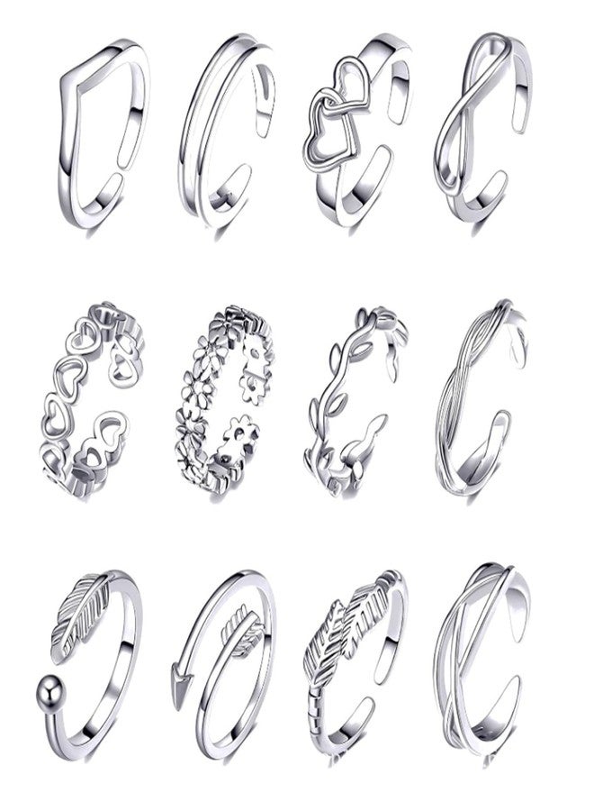 CartHome مجموعة خواتم أصابع القدم النسائية من كارت هوم، 12 قطعة، قابلة للتعديل، مفتوحة، بتصميم هندسي زهري بسيط، خاتم فضي لأصابع القدم، خاتم للساق مناسب لمفاصل الأصابع - Image 1