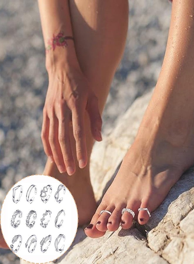 CartHome مجموعة خواتم أصابع القدم النسائية من كارت هوم، 12 قطعة، قابلة للتعديل، مفتوحة، بتصميم هندسي زهري بسيط، خاتم فضي لأصابع القدم، خاتم للساق مناسب لمفاصل الأصابع - Image 4