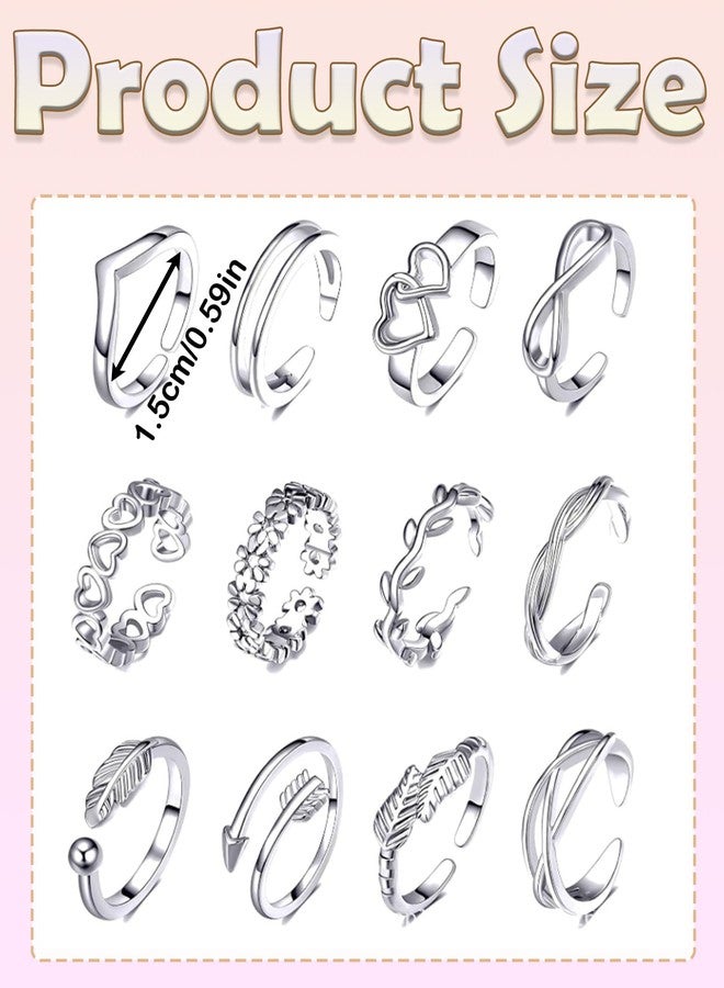 CartHome مجموعة خواتم أصابع القدم النسائية من كارت هوم، 12 قطعة، قابلة للتعديل، مفتوحة، بتصميم هندسي زهري بسيط، خاتم فضي لأصابع القدم، خاتم للساق مناسب لمفاصل الأصابع - Image 2
