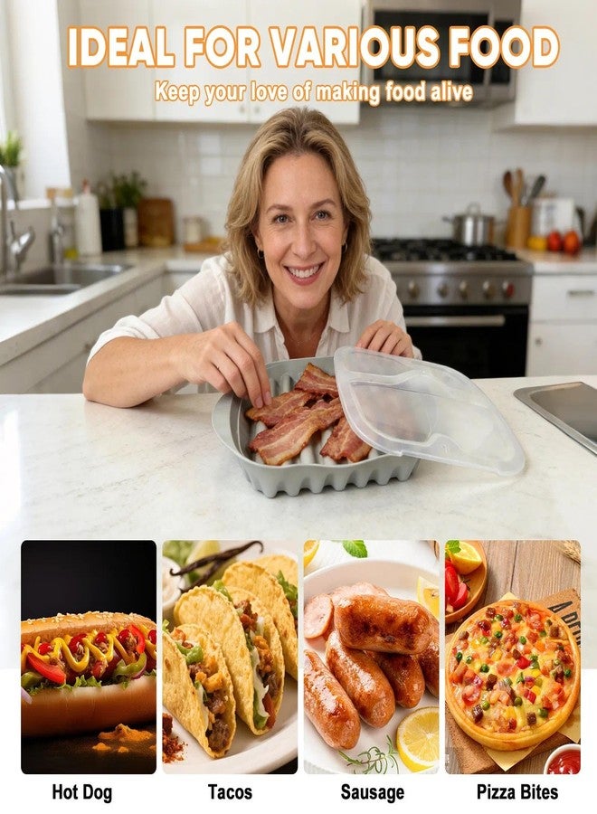 brougetme 2-Pack Microwave Bacon Tray with Lid - Crispy Bacon Cooker with Oil Draining Rack, Splatter-Proof & Dishwasher Safe, Makes Healthy Bacon in Minutes - Also for Sausages, Hot Dogs, Tacos - Image 4