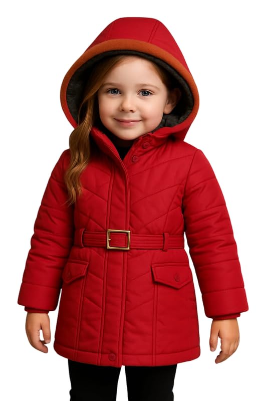 Krystle Girls’ Hooded Winter Jacket – Warm Quilted Puffer Coat with Belt, Water-Resistant Outerwear for Cold Weather (Red,6-7 Years) (Cool Dezine) - Image 1