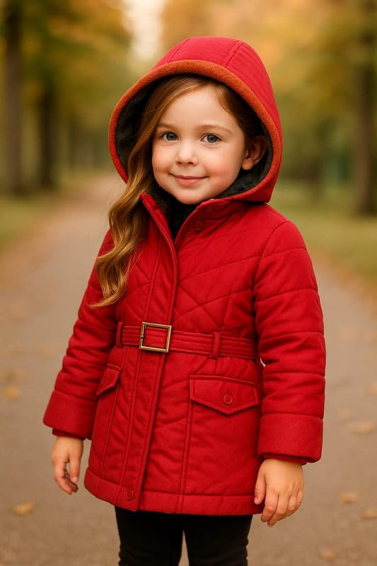 Krystle Girls’ Hooded Winter Jacket – Warm Quilted Puffer Coat with Belt, Water-Resistant Outerwear for Cold Weather (Red,6-7 Years) (Cool Dezine) - Image 2