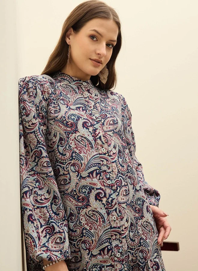 SASSAFRAS Paisley Print Georgette Shirt Dress for Women