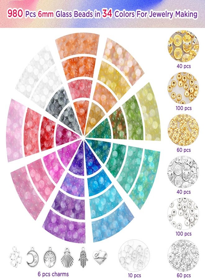 Funtopia 1400 pieces glass beads, 6 mm, 34 colours beads for bracelets, beads set for bracelet crafts - Image 2
