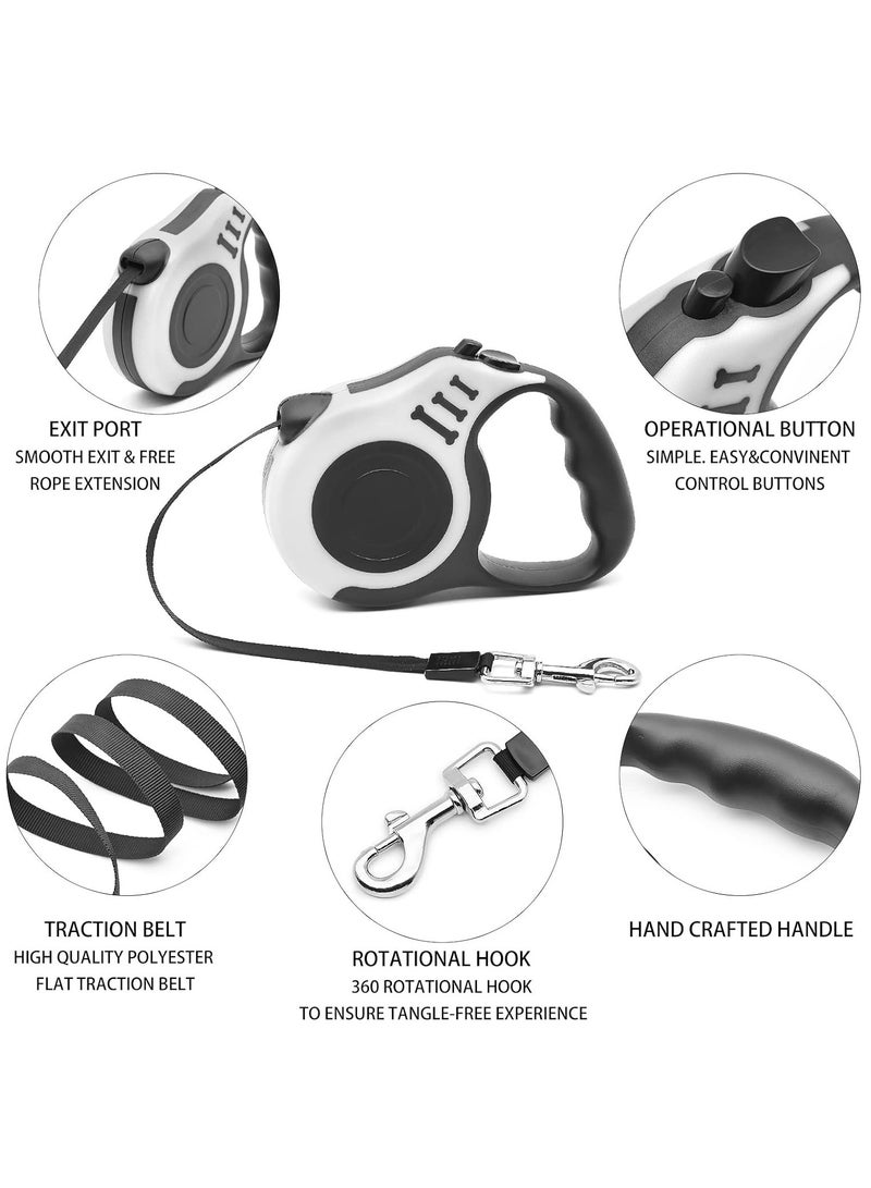 Retractable Dog Lead Extendable with Non Slip Handle and Adjustable Dog Lead 5 m Nylon Band One Hand Brake Pause Lock White - Image 2