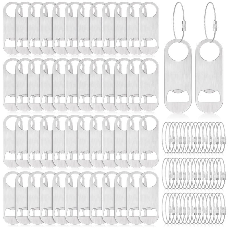 50 Pieces Stainless Steel Flat Bottle Opener with Keychain Beer Opener Bulk Soda Beverage Opener for Men Women Bartender Kitchen Bar Restaurant Tool 35 x 13 Inches Black Silver