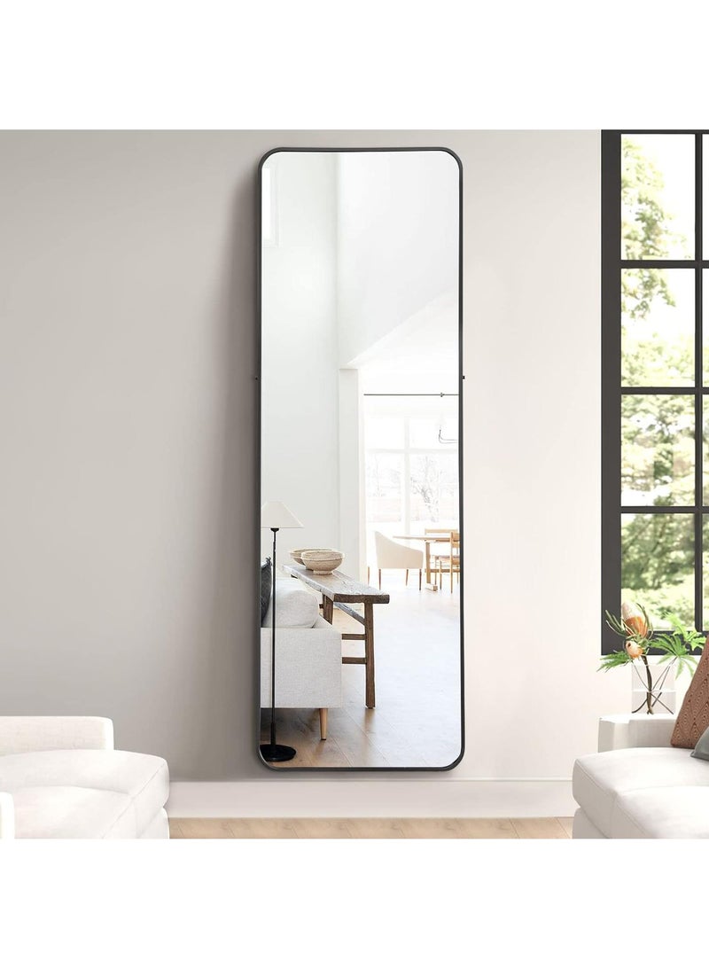 عام مرآة أرضية كاملة الطول مع حامل مرآة غرفة نوم كبيرة حامل مرآة مثبتة على الحائط أو متكئة على الحائط إطار من سبائك الألومنيوم مرآة خلع الملابس مرآة دائمة سوداء - Image 3