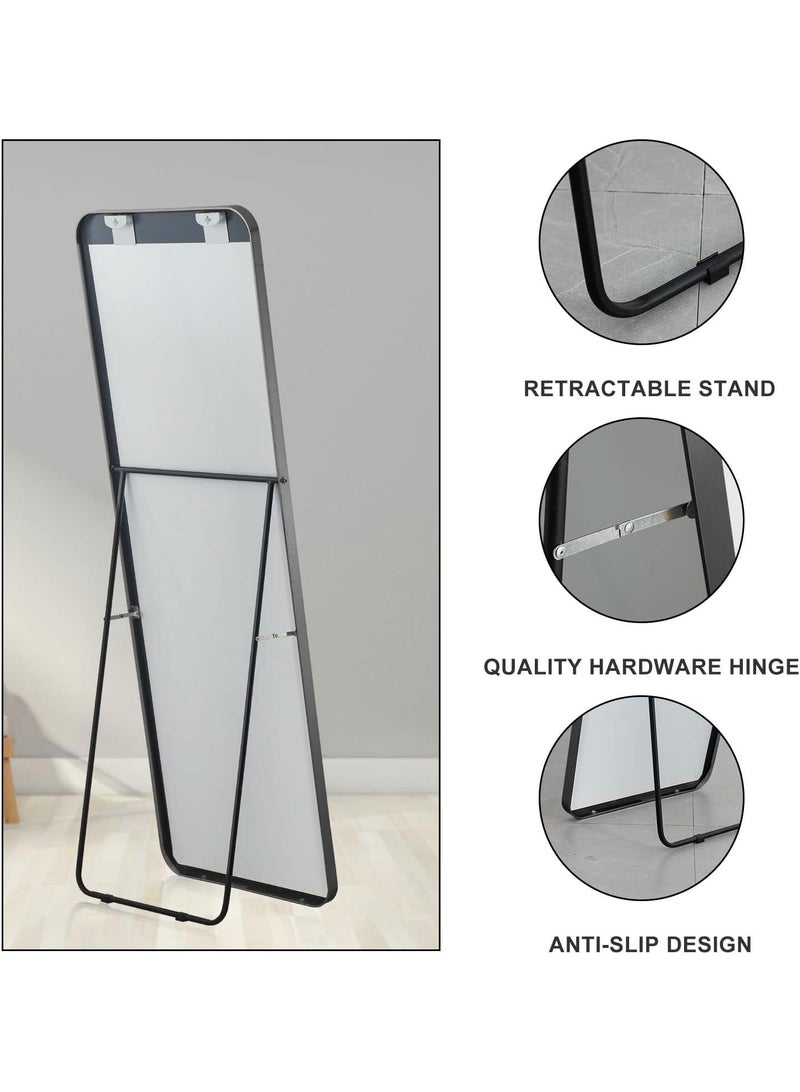 عام مرآة أرضية كاملة الطول مع حامل مرآة غرفة نوم كبيرة حامل مرآة مثبتة على الحائط أو متكئة على الحائط إطار من سبائك الألومنيوم مرآة خلع الملابس مرآة دائمة سوداء - Image 5