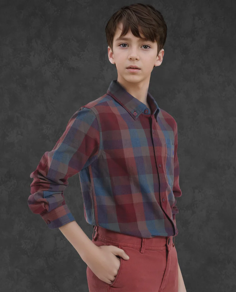 Rare Ones Rare Ones Kids Cal Red Cotton Full Sleeves Button Down Collar Regular Fit Checked Shirt