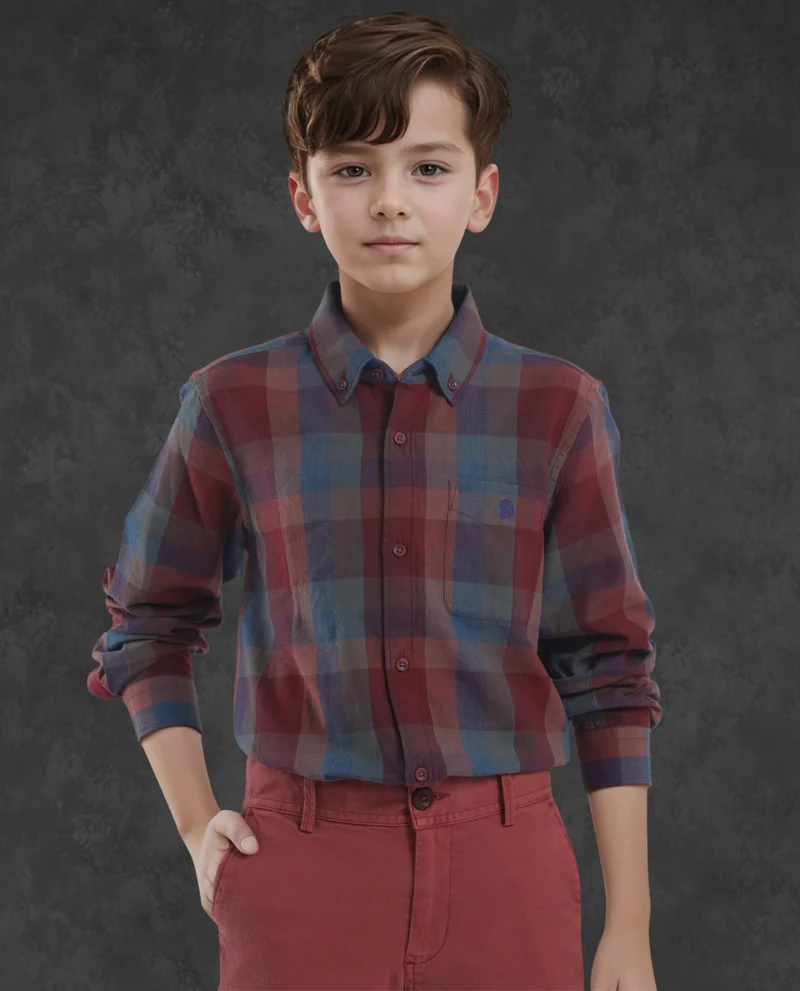 Rare Ones Rare Ones Kids Cal Red Cotton Full Sleeves Button Down Collar Regular Fit Checked Shirt