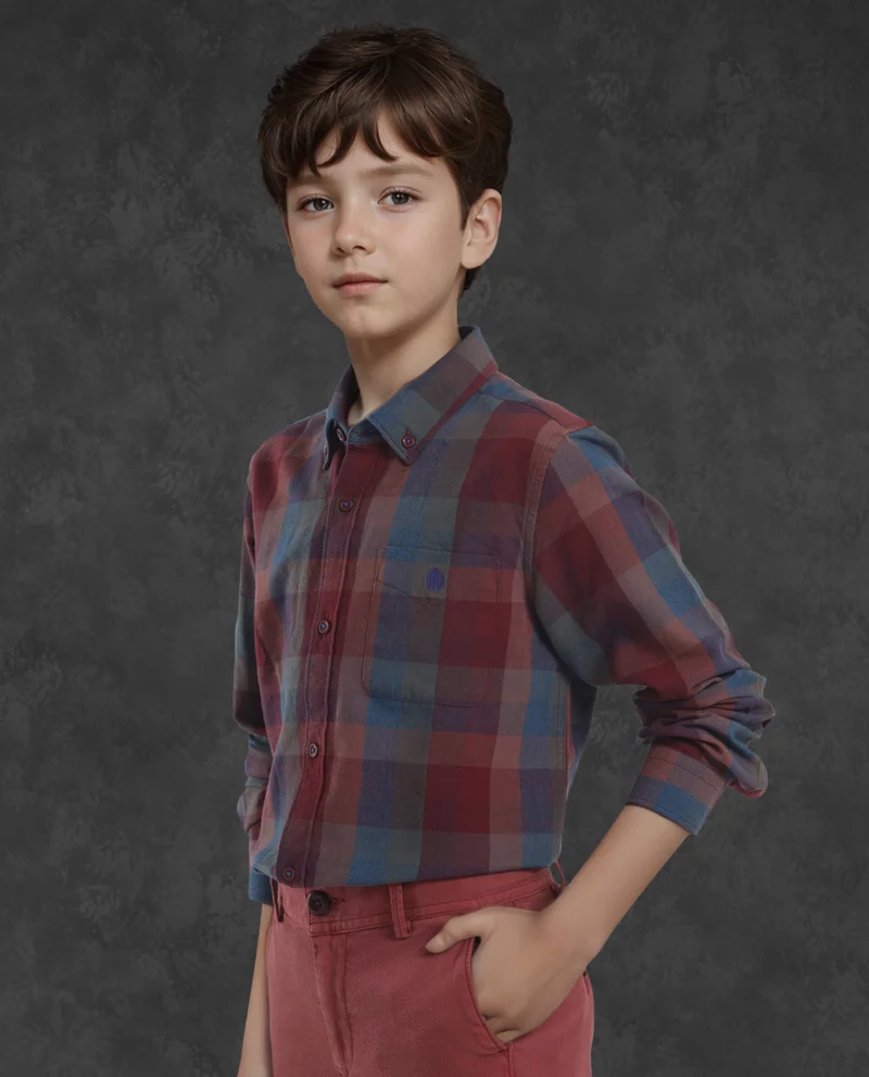 Rare Ones Rare Ones Kids Cal Red Cotton Full Sleeves Button Down Collar Regular Fit Checked Shirt