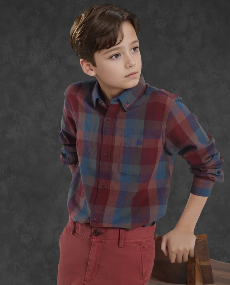 Rare Ones Rare Ones Kids Cal Red Cotton Full Sleeves Button Down Collar Regular Fit Checked Shirt
