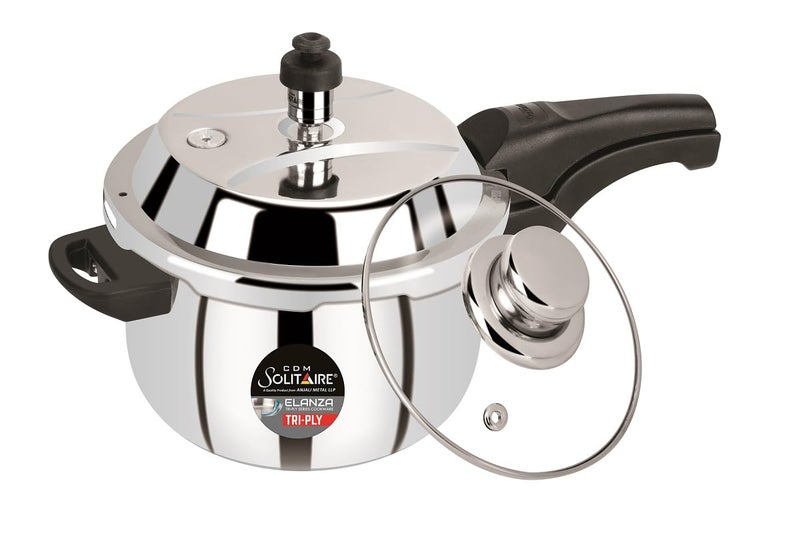 CDM SOLITAIRE Elanza Belly 3 LTR TryPly 1810 Stainless Steel Outer Lid with Extra Glass Lid Pressure Cooker Induction and Gas Base ISI Certified 5 Years Warranty - Image 1