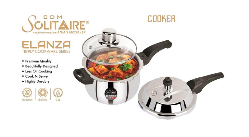 CDM SOLITAIRE Elanza Belly 3 LTR TryPly 1810 Stainless Steel Outer Lid with Extra Glass Lid Pressure Cooker Induction and Gas Base ISI Certified 5 Years Warranty - Image 4