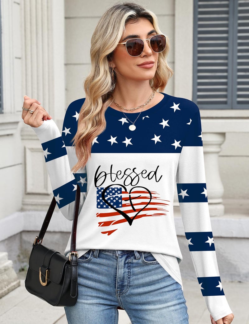 TCOT Crew Neck Tops for Women American Flag Long Sleeve Dressy Casual Blouses Shirts Fashion Clothes 2026 L - Image 2