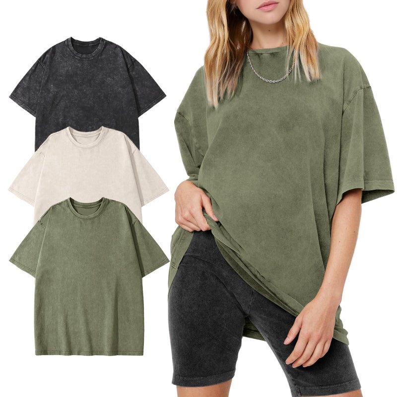 PEHMEA 3 Pcs Women's Oversized T-Shirts Cotton Short Sleeve Vintage Washed Baggy Boyfriend Streetwear Summer Tops(Black+Beige+ArmyGreen-M) - Image 1